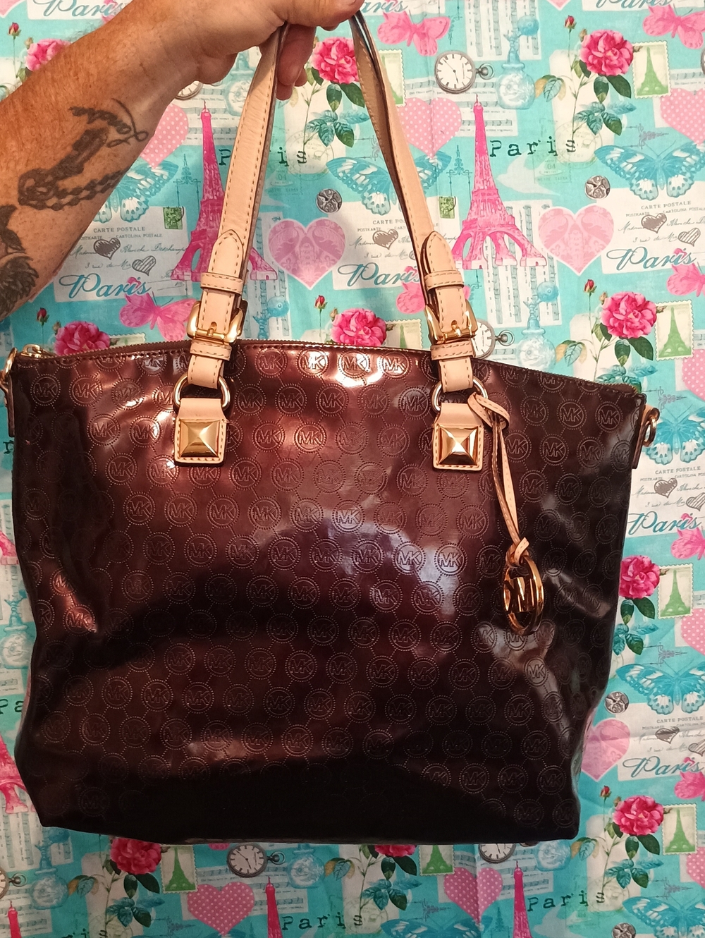 Michael Kors Dark Brown Patent Tote with Beige Straps